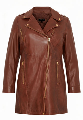 Long Biker Coat Dark Cognac W Gold