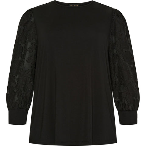 O Neck T-shirt W 3/4 Flower Lace Sleeves Black