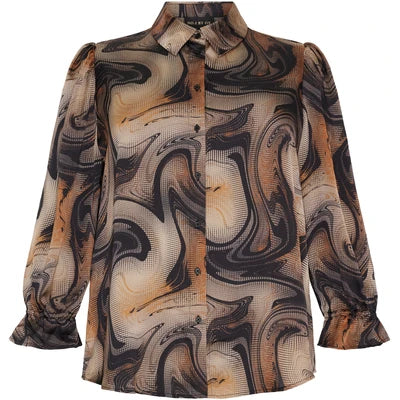 Shirt W #/¤ Puff Sleeves Brown and Black Print