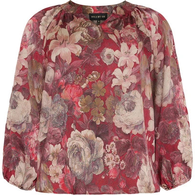 Blouse W Pleats and 3/4 Seeves Dark Pompaian Red