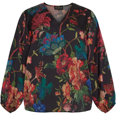 V Neck Blouse Long Sleeves W Elastic Black Mix