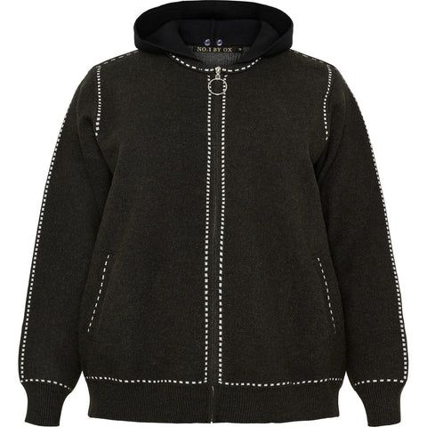 Zip Cardigan W Hood And Contrast Stitch Lines Dark Grey