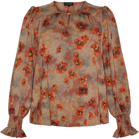 Blouse LS W Smock Cuffs Brown Mix
