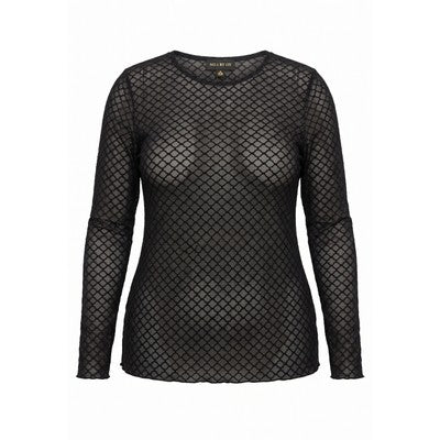 Mesh O neck Blouse LS Black