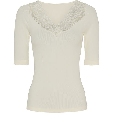 Belen Rib V-lace Top SS Off White